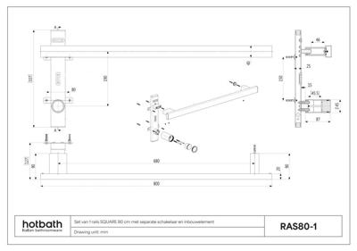 Hotbath &MORE set van 1 rails RAS80 SQUARE 80 cm met separate schakelaar en inbouw element Geborsteld Koper PVD (RAS80-1BCP)