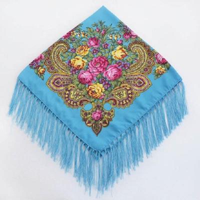 Peacock Blue etnische stijl retro kwast vierkante sjaal bloem patroon hoofddoek sjaal grootte: 90 x 90cm
