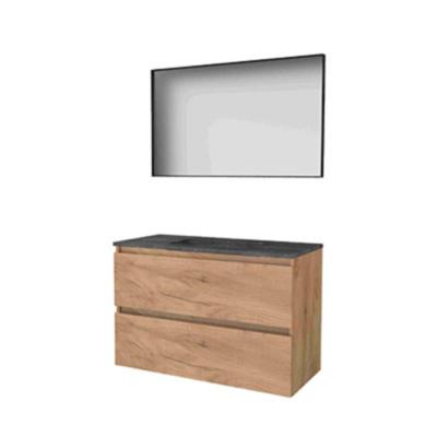 Basic-Line Framed 46 Badkamermeubelset - 100 x 46 cm - Greeploos - 2 Lades - Hardstenen Wastafel - Zonder Kraangat - Spiegel met Zwart Aluminium Frame - Whisky Oak