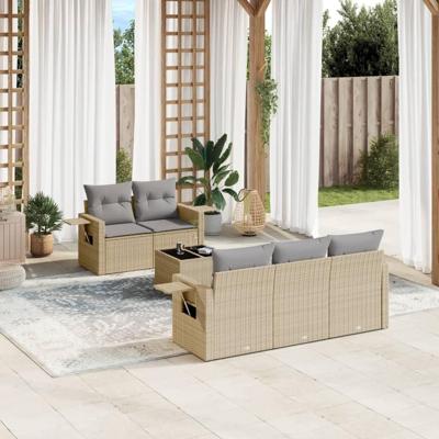 6-delige Loungeset met kussens poly rattan beige