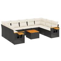 10-delige Loungeset met kussens poly rattan zwart - thumbnail