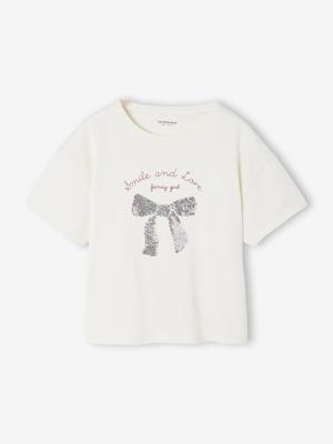 T-shirt met afbeelding, omkeerbare pailletten en korte mouwen voor meisjes ecru T-shirt met afbeelding, omkeerbare pailletten en korte mouwen voor meisjes ecru