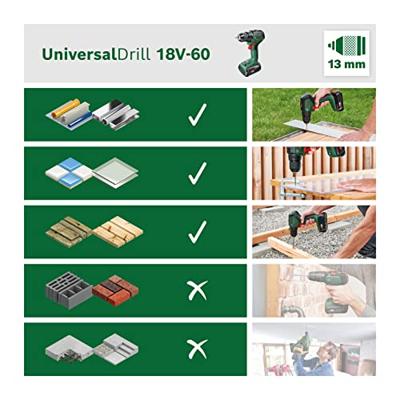 Bosch Groen UniversalDrill 18V-60 | Accuschroefboormachine met twee standen | Incl. Accu en Lader - 06039D7001 - thumbnail