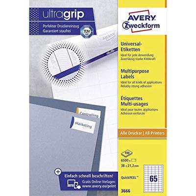 Avery-Zweckform 3666 Universele etiketten 38 x 21.2 mm Papier Wit 6500 stuk(s) Permanent hechtend Inkjet, Laser (zwart/wit), Laser (kleur), Kopiëren