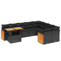 10-delige Loungeset met kussens poly rattan zwart - thumbnail