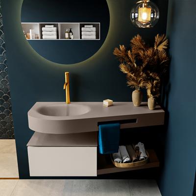 MONDIAZ RIVA 120cm badmeubel onderkast / planchet kleur Linen met 1 lade. Wastafel DULCET links 1 kraangat kleur Smoke.