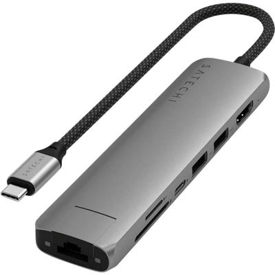 SATECHI Hub USB C 7-in-1 Slim Plus, Adapter Met HDMI 4K, PD-Lading 100W, 2x USB-A, Ethernet, Micro/SD Kaartlezer Voor MacBook En Apparaten Met Type-C Technologie, Ruimtegrijs