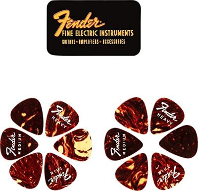 Fender® »FINE ELECTRIC PICK TIN« plectrums in verzameldoos - 12 stuks - celluloid - 351 vorm - 3 diktes - tortoise shell