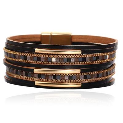 Deja Armband goudkleurig met zwart leer en mozaïek detail