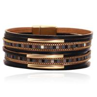 Deja Armband goudkleurig met zwart leer en mozaïek detail - thumbnail