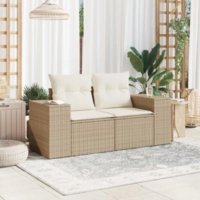 Tuinbank 2-zits met kussens poly rattan beige