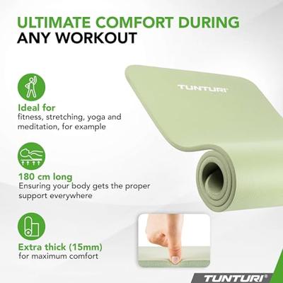 Tunturi NBR Yogamat met Draagtas | Fitness mat Extra dik & zacht | Anti slip | 180x60x1.5cm | Incl Trainingsapp | Mint