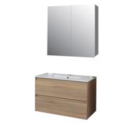 Badkamermeubel BWS Pepper Wastafel Porselein Incl Spiegelkast 2 Deurs Met 1 Kraangat 80x55x46 cm Eiken Boss & Wessing - thumbnail