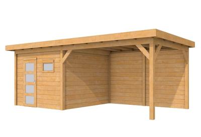 Woodvision Raaf Topvision tuinhuis 303x303 cm + overkapping 400 cm Douglas blank- Plat dak- Onbehandeld lariks Douglas hout- Woodvision Woodvision Raaf Topvision tuinhuis 303x303 cm + overkapping 400 cm Douglas blank- Plat dak- Onbehandeld lariks Douglas hout- Woodvision