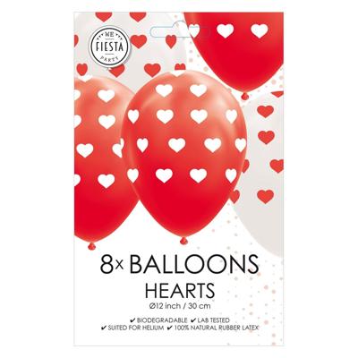 Globos Ballonnen hartjes rood/wit 30cm, 8st.