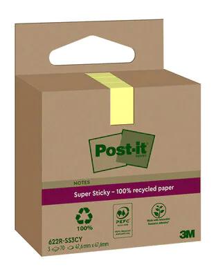 Post-it Super Sticky Notes Recycled, 70 vel, ft 47,6 x 47,6 mm, geel, pak van 3 blokken Post-it Super Sticky Notes Recycled, 70 vel, ft 47,6 x 47,6 mm, geel, pak van 3 blokken