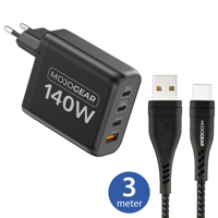 MOJOGEAR CHARGE+ 140 Watt oplader met USB naar USB-C kabel 3 meter - thumbnail