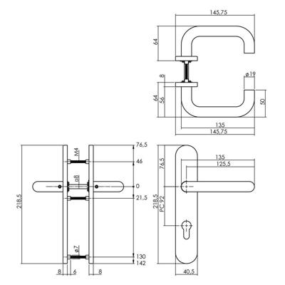 Deurkruk 1295 Rond op verdekt schild profielcilindergat 92mm met nokken 7mm RVS EN1906/4 klei