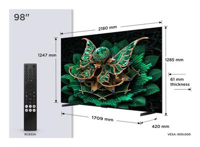 TCL 98C7K 98 inch QD-Mini LED-tv, 4K HDR Premium 3000, Smart Google TV met 144Hz Motion Clarity Pro (Dolby Vision IQ & Atmos, CrystGlow HVA Panel, Audio van Bang & Olufsen, Game Master)