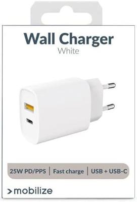 Mobilize Wall Charger USB-C + USB 25W with PD/PPS White