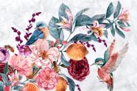 Fotobehang - Waterverf vogel tussen kleurrijke bloemen, 11 maten, Inclusief behanglijm, prachtig op de muur - thumbnail