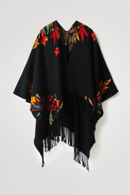 Poncho met bloemen en franjes - BLACK - U