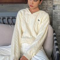 Bon&Bon Women's Navy Blue Polo Collar Cable-Knit Embroidered Sweater White-3 / L