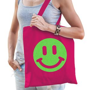 Cadeau tas voor dames - glitter smiley - fuchsia - katoen - 42 x 38 cm - Moederdag - verjaardag