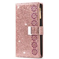 iPhone 13 Pro Max hoesje - Bookcase - Koord - Pasjeshouder - Portemonnee - Glitter - Bloemenpatroon - Kunstleer - Rose Goud