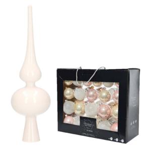 42x stuks glazen kerstballen lichtroze parel/wit 5 cm, 6 cm en 7 cm met witte glazen piek 26 cm - Kerstbal