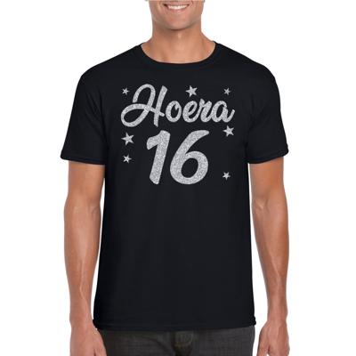 Hoera 16 jaar verjaardag - cadeau t-shirt - zwart - zilver glitter print - heren Hoera 16 jaar verjaardag - cadeau t-shirt - zwart - zilver glitter print - heren