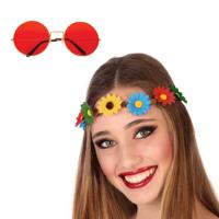 Flower Power verkleed accessoires dames - Bloemen hoofdband - Hippie bril ronde glazen in het rood