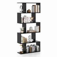 S-Vormige Boekenkast Legplank op 5 Niveaus Anti Kantel Opbergmeubel voor Woonkamer Slaapkamer Kantoor Zwart 70 x 23,5 x 158 cm