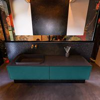 Badkamermeubelset Mondiaz Erin 150 cm met 2 Lades met RIDGE Wastafel Links Urban Zonder Kraangaten Greeploos Mat Smag