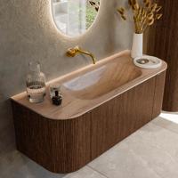 Badmeubel Mondiaz Kurve-Dlux | 120 cm | Meubelkleur Walnut | Wastafelkleur Saba | Solid surface | Wasbak midden spoelbak | Zonder kraangat(en)