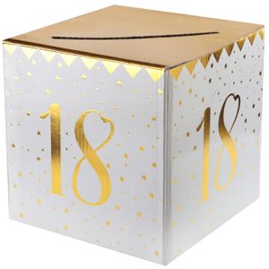 Enveloppendoos - Verjaardag - 18 jaar - wit/goud - karton - 20 x 20 cm   -