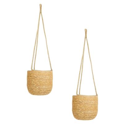 Ter Steege Hangende plantenpot/bloempot - Set van 2x stuks - jute/zeegras - D17 x H14 cm - creme/bei
