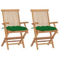 Tuinstoelen 2 st met groene kussens massief teakhout