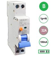 Aardlekautomaat 32A B Kar 100mA 2 polig 18mm breed Kema Keur 230V automaat en aardlek in een module