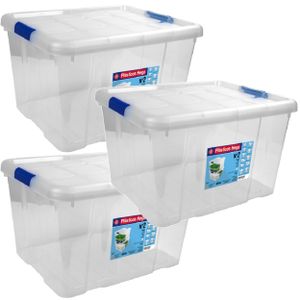 3x Opbergboxen/opbergdozen met deksel 25 liter kunststof transparant/blauw