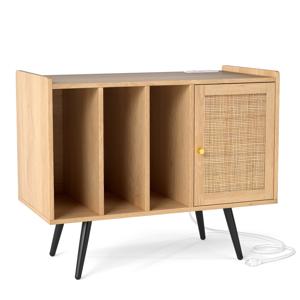 Rieten Platenspelerstandaard met Oplaadstation Vinyl Platenspeler Tafel voor 220 Platen Natuur