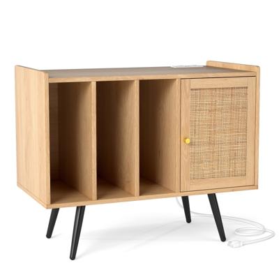 Rieten Platenspelerstandaard met Oplaadstation Vinyl Platenspeler Tafel voor 220 Platen Natuur