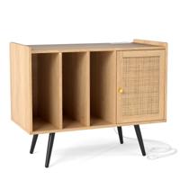 Rieten Platenspelerstandaard met Oplaadstation Vinyl Platenspeler Tafel voor 220 Platen Natuur
