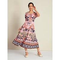 Dames Elegante jurk Halflange jurk Blozend Roze Korte mouw Bloemig Trekkoord Lente zomer Veterhals Elegante jurk Afspraakje S M L - thumbnail