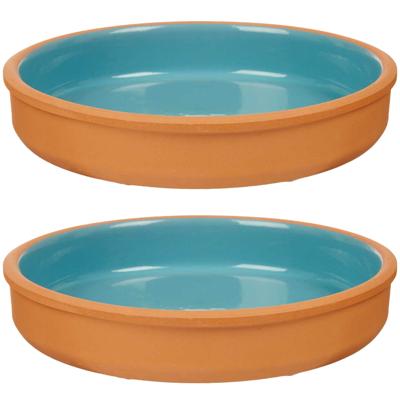 Tapas serveerschaal - 2x stuks - terracotta - blauw - D23 x H4 cm - hapjes serveren - ovenschaal - r