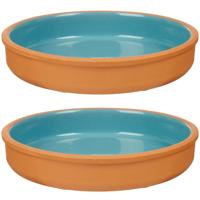 Tapas serveerschaal - 2x stuks - terracotta - blauw - D23 x H4 cm - hapjes serveren - ovenschaal - r