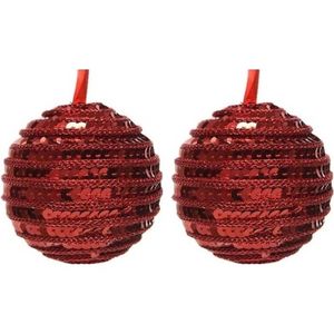 2x Kunststof kerstballen kerst rood 8 cm pailletten kerstboom versiering/decoratie - Kerstbal