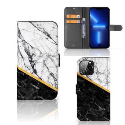 iPhone 13 Pro Max | Bookcase | Marmer Wit Zwart - Origineel Cadeau Man
