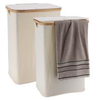 Wasmand met deksel - 2x - bamboe hout - 70 Liter- naturel wit - 60 x 40 x 30 cm - was sorteren