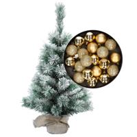 Besneeuwde mini kerstboom/kunst kerstboom 35 cm met kerstballen goud - Kunstkerstboom - thumbnail